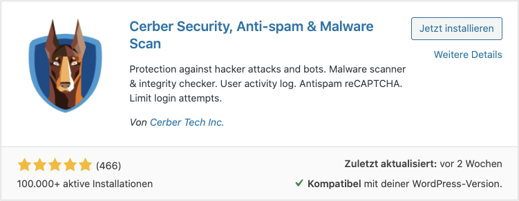 Screenshot: WordPress Pluginsuche - Cerber Security